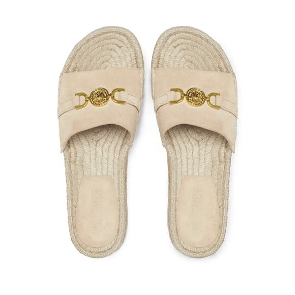 VERSACE Medusa '95 30mm Beige Suede Espadrilles Mules Slides Sandals Size 38 - Picture 1 of 6